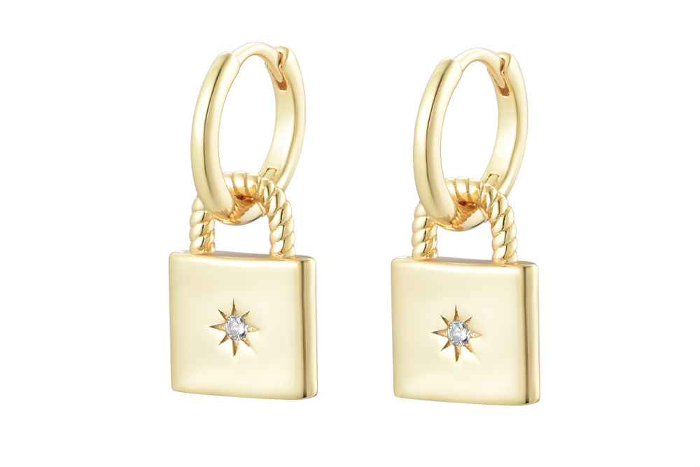 [15746EZBLDO] Pendiente plata 925 aro candado 13x10mm con la rosa de los vientos zirconita (Oro)
