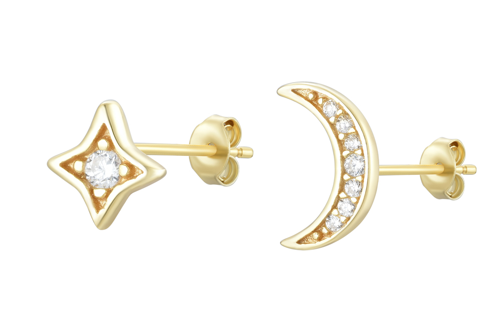 [15749EZBLDO] Sterling silver moon & zirconia star earring (Gold plated)