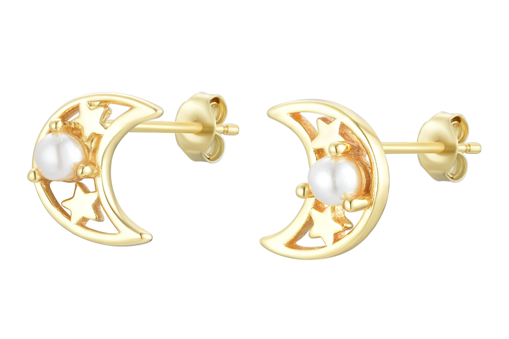 Sterling silver moon with mini pearl 2.5mm earring