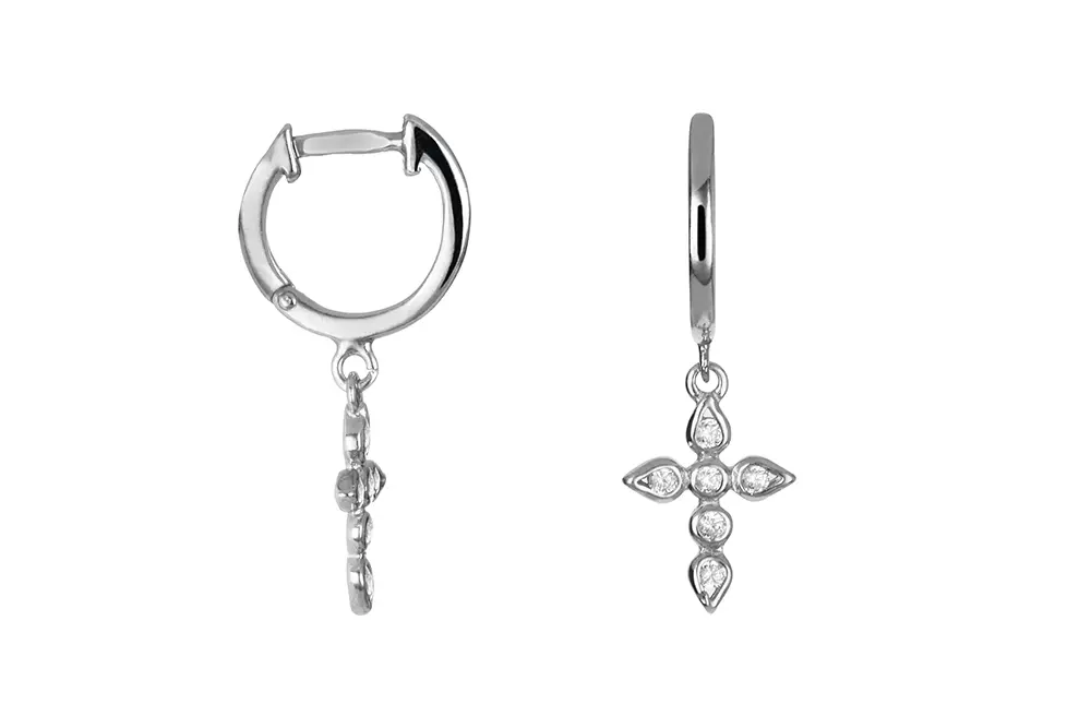 Pendiente plata 925 aro con cruz de zirconita12x9mm