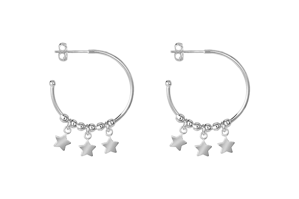 Sterling silver three stars hoop earring