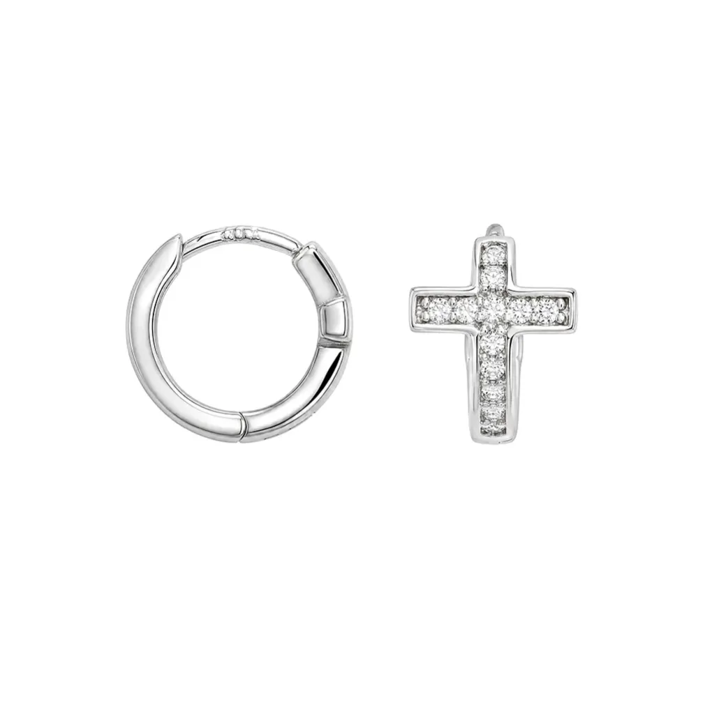 Sterling silver zirconia cross hoop earring