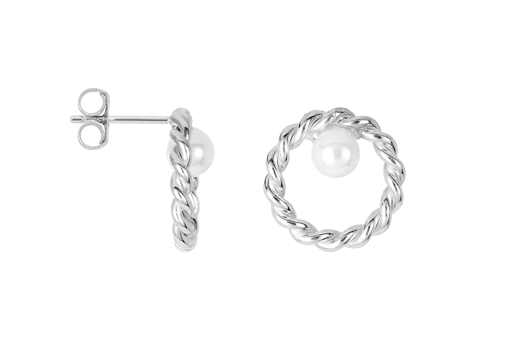 Pendiente plata 925 aro trenzado 12mm con perla 4mm