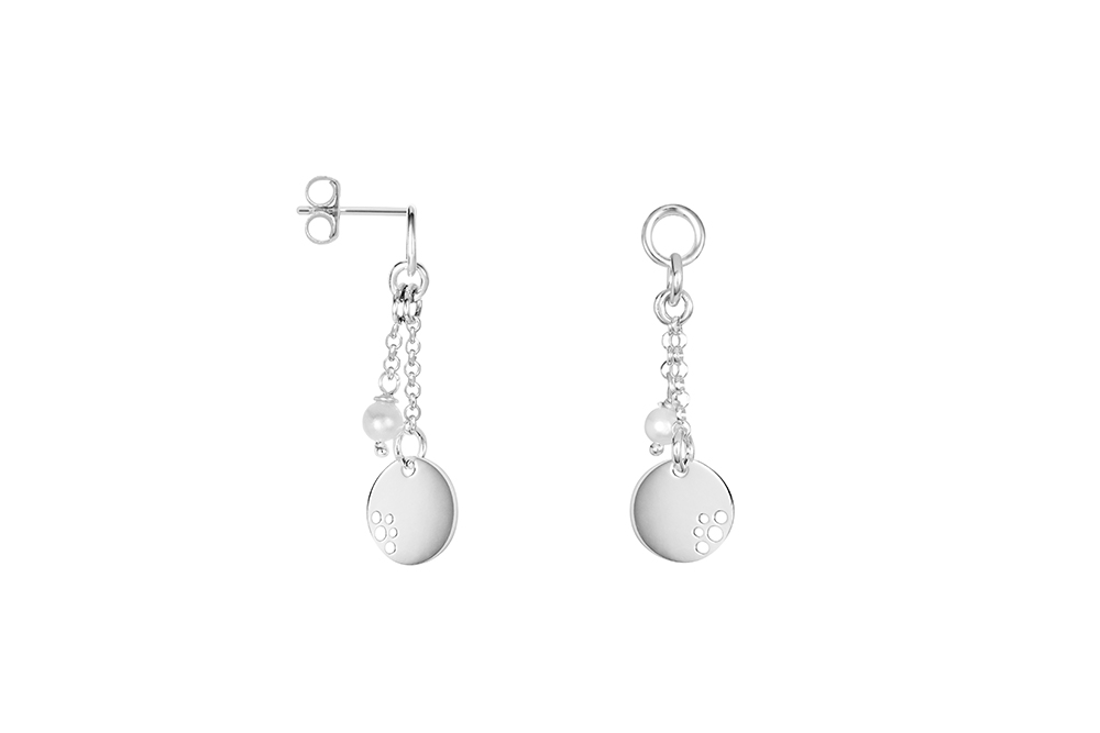 [16514EPBLPL] Pendiente plata 925 cadena con perla 3mm y mini placa perforada 9mm (Plata)