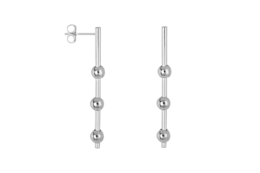 Sterling silver 1.5x32mm bar with three 4mm beads earring