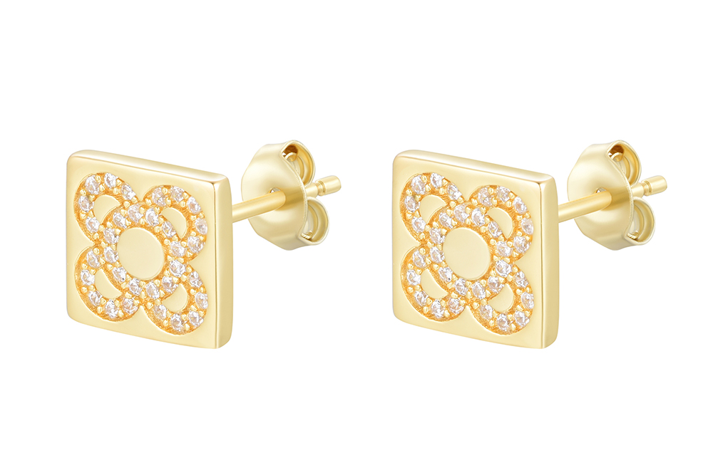[16611EZBLDO] Sterling silver zirconia barcelona flower squared earring (Gold plated)