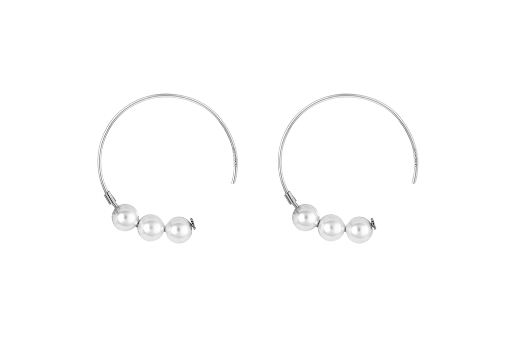 Sterling silver three pearls hoop earring