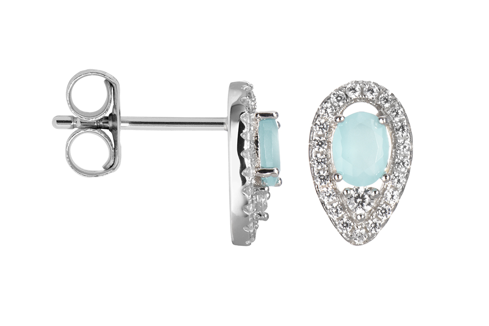 [16782EGCARD] Pendiente plata 925 piedra lagrima 11x7mm con zirconitas blancas (Aqua calcedonia)