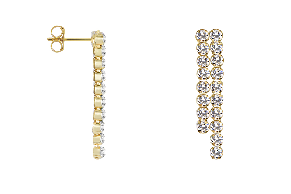 [16864EZBLDO] Sterling silver double tennis earring (White, Gold plated)