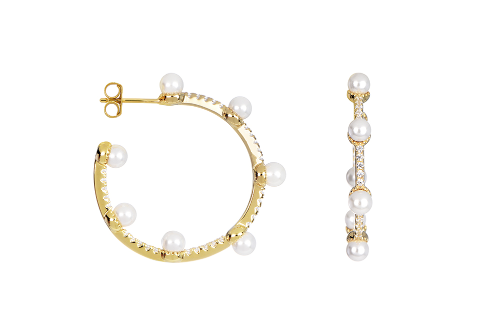 [17051EPBLDO] Pendiente plata 925 aro con zirconitas y perlas 4mm (Oro)
