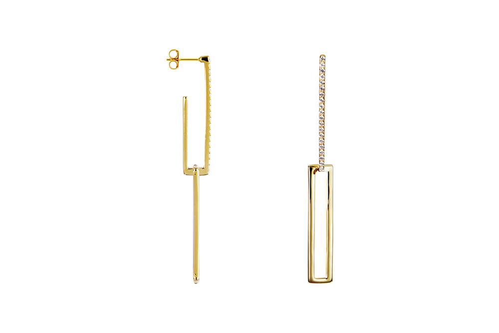 [17058EZBLDO] Sterling silver rectangular zirconia long earring (Gold plated)