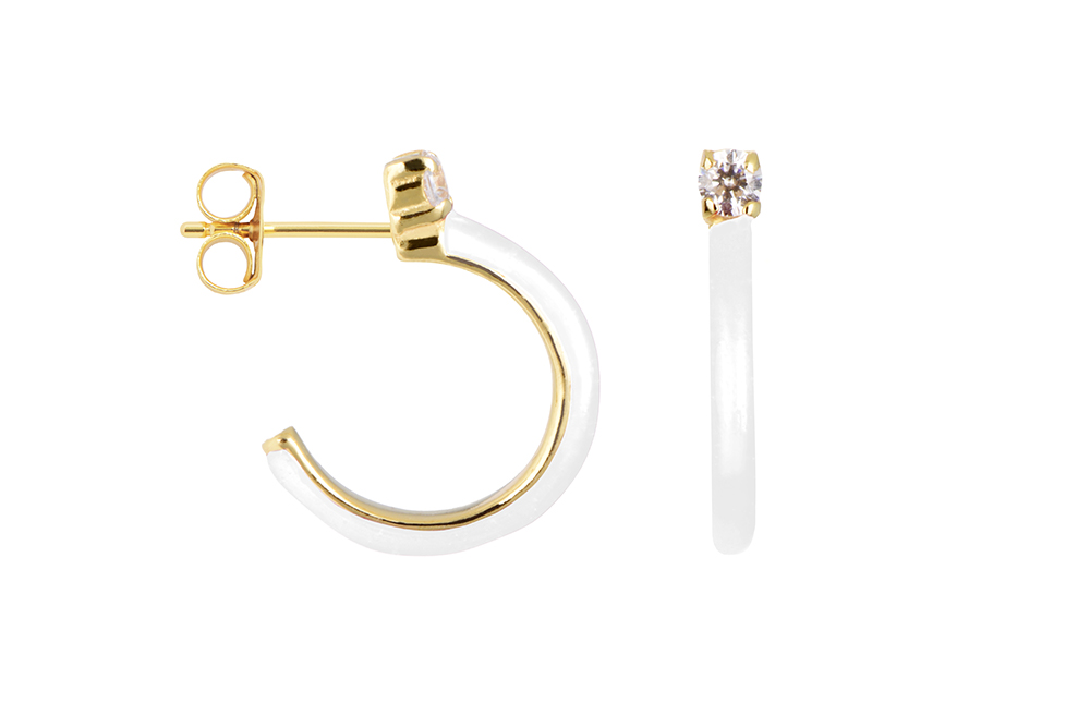 [17222EE120EBLDO] Sterling silver enamel & zirconia hoop earring (White)