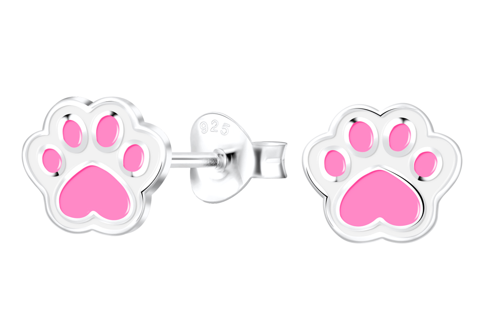 [17416EEROPL] Sterling silver enamel 6x7mm canine print kids earring (Pink)