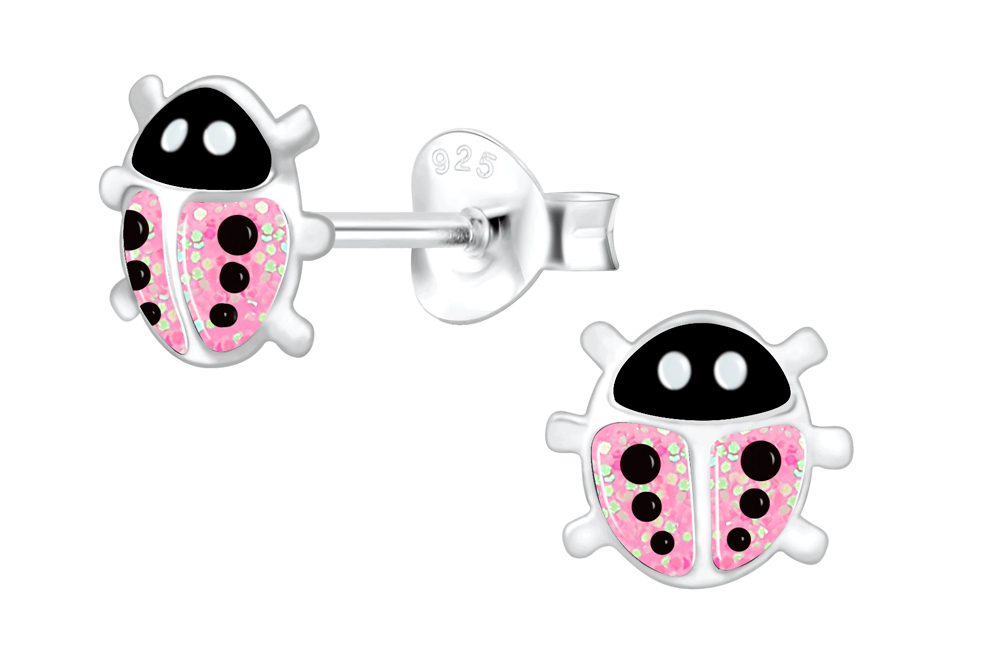 Sterling silver enamel 6x7mm ladybug kids earring