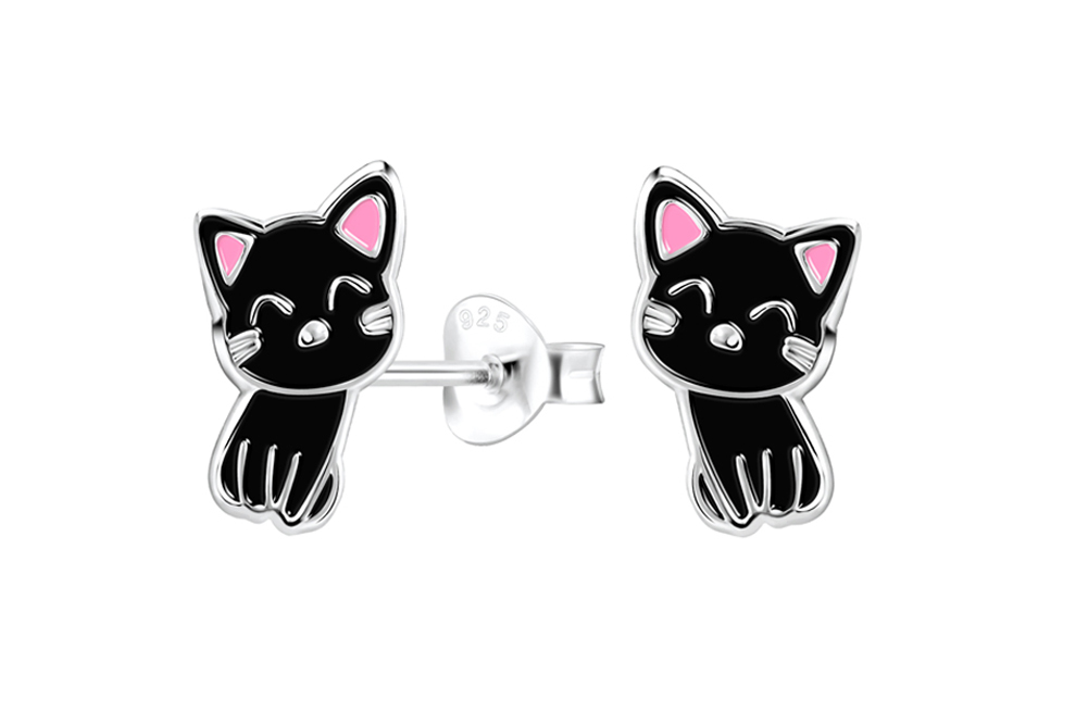 Sterling silver enamel 13x8mm cat kids earring