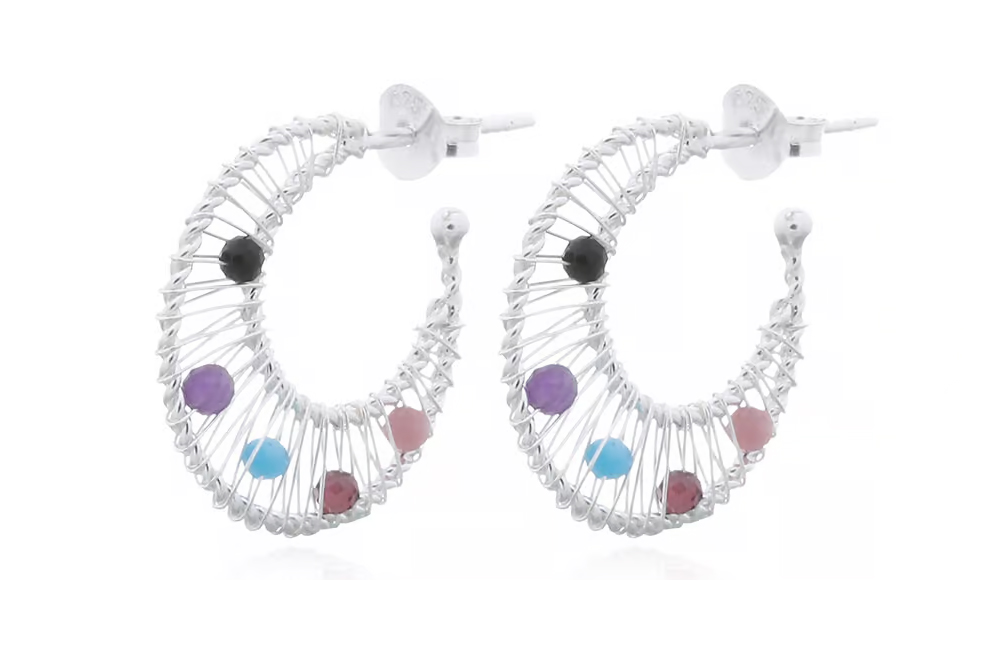 Sterling silver semiprecious stones hoop earring
