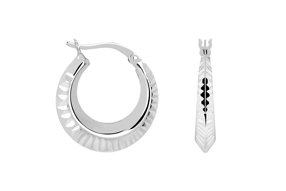 Sterling silver beveled diamond cut hoop earring