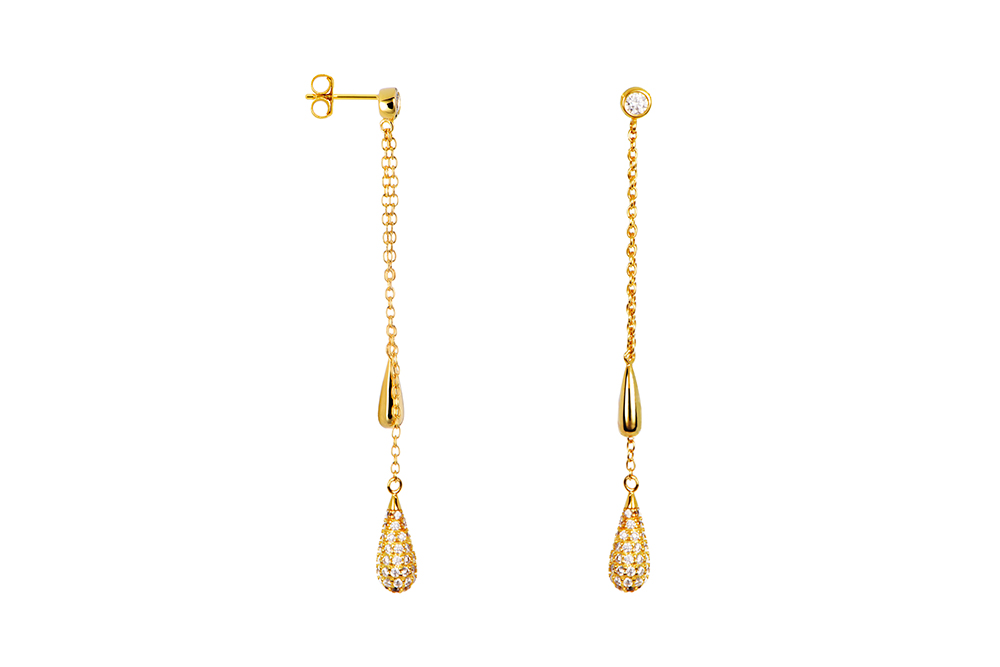 Pendiente plata 925 dos gotas largo con cadena zirconitas