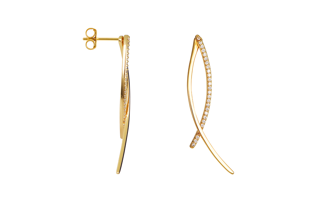 Sterling silver two zirconia curved bar long earring