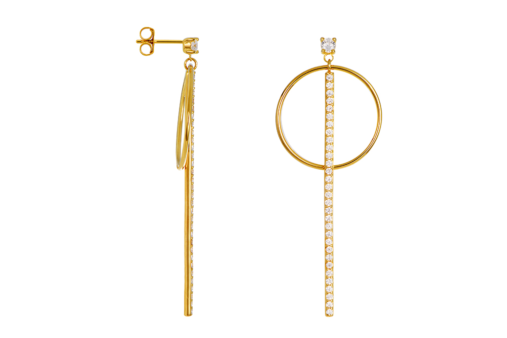 [17694EZBLDO] Sterling silver circle & bar long zirconia earring (Gold plated)