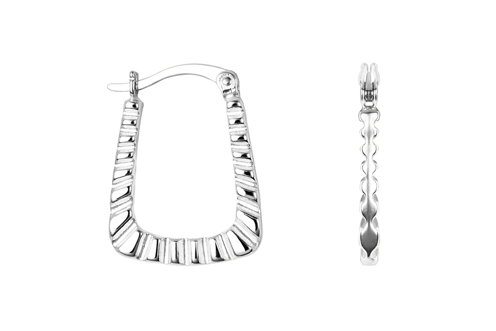 Sterling silver rectangular flat irregular hoop earring with design