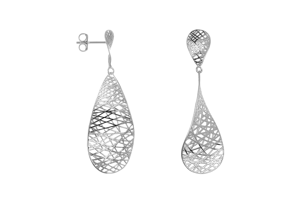 Sterling silver 3d openwork flat drop earring with a half twist
