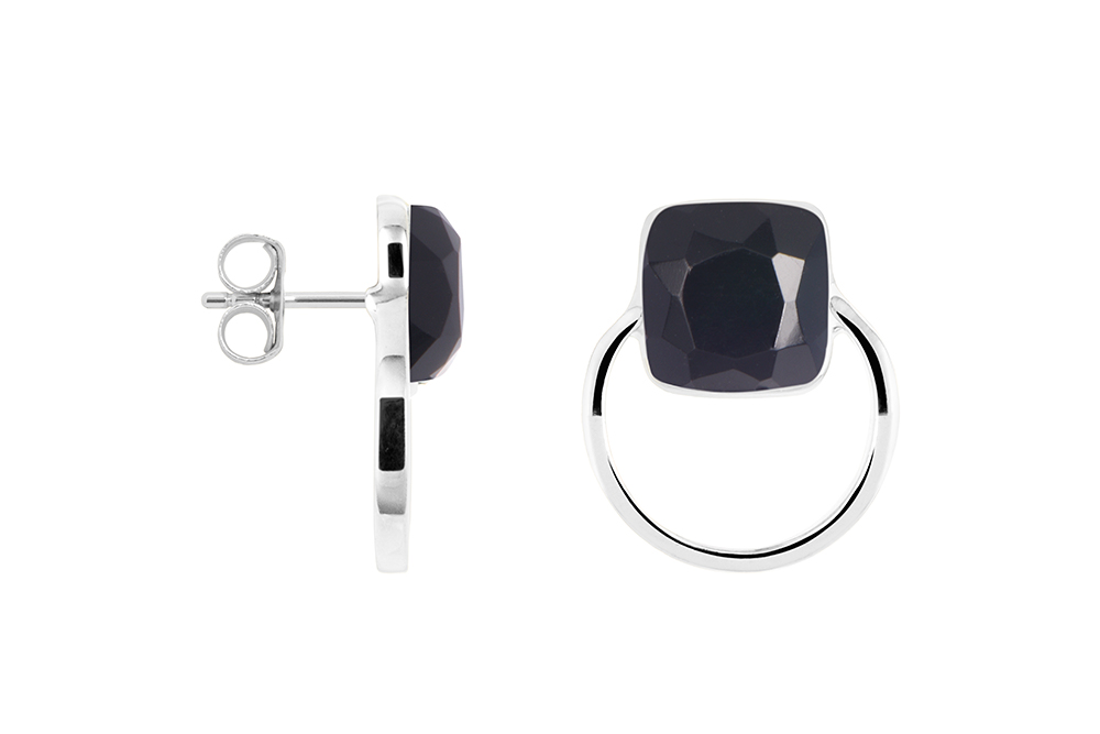 [17987ERONPL] Pendiente plata 925 piedra 10x10mm con aro 15mm (Negro, Plata)