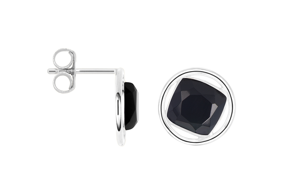 [17990ERONPL] Pendiente plata 925 piedra semipreciosa cuadrada 9x9mm con aro (Negro, Plata)