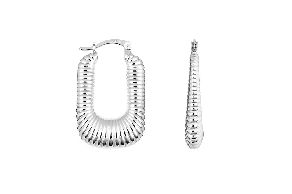 [18185EPL] Sterling silver grooved rectangular hoop earring (Sterling silver)
