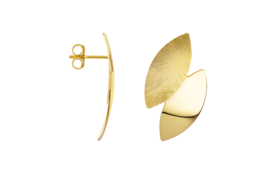 Sterling silver two-leaf design with polished and brushed striped finish earring