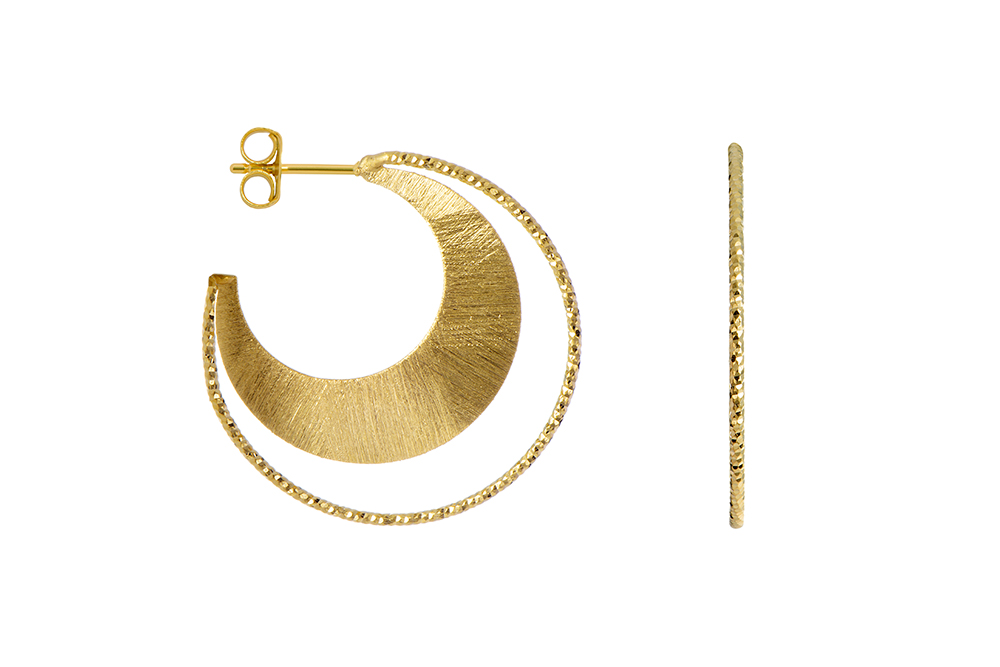 Sterling silver crescent hoop with diamond-cut and brushed finish earring