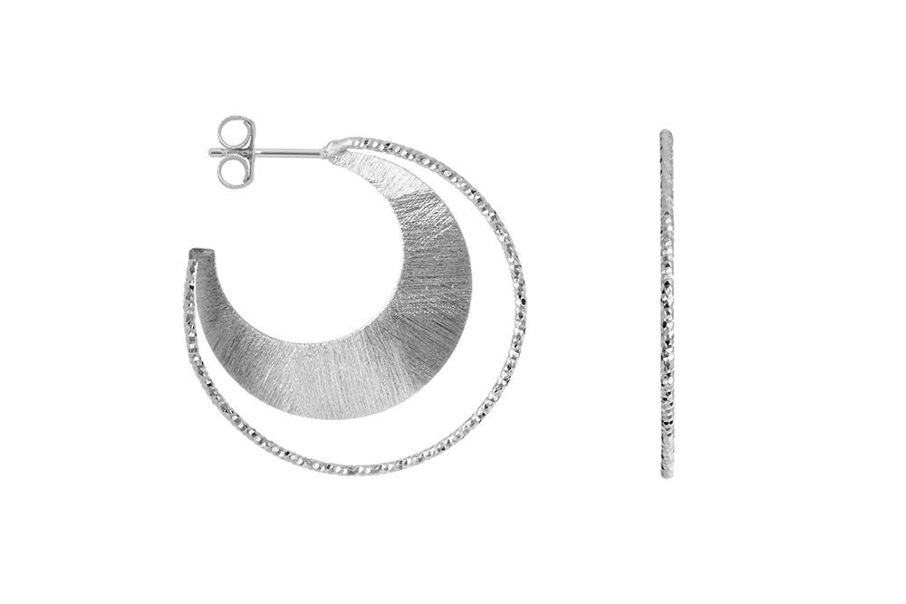 Sterling silver crescent hoop with diamond-cut and brushed finish earring