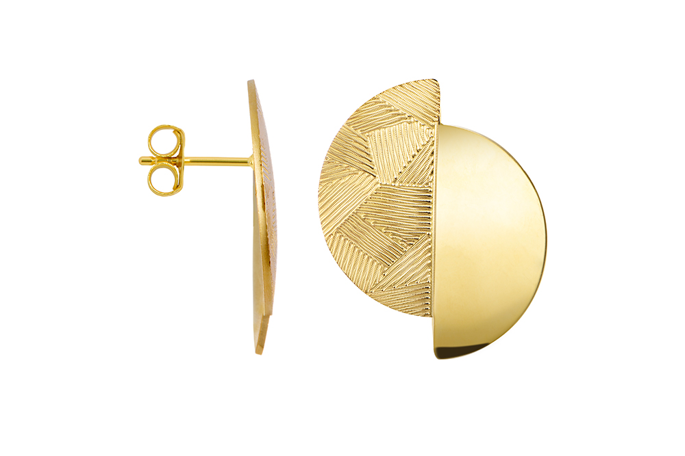[18236EDO] Sterling silver two semicircles with engraved pattern earring (Gold plated)
