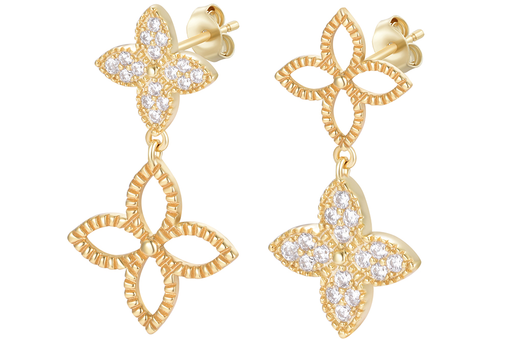 [18335EZBLDO] Sterling silver two flowers with zirconia earring (Gold plated)