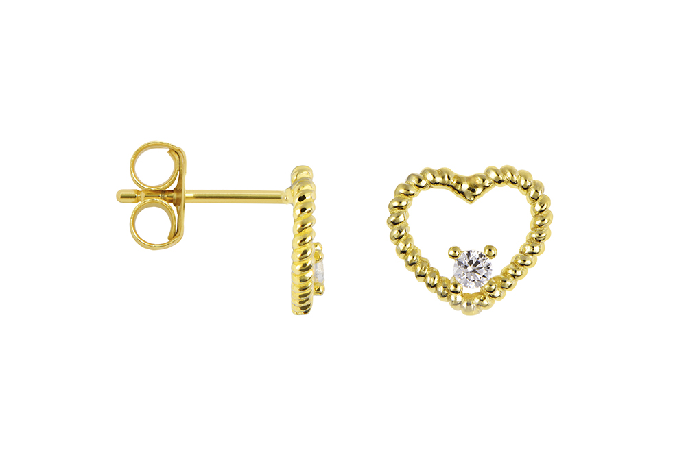 [18357EZBLDO] Sterling silver 7x8mm heart with 2mm zirconia earring (Gold plated)