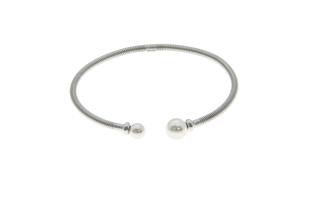 Brazalete plata 925 rigido abierto dos perlas
