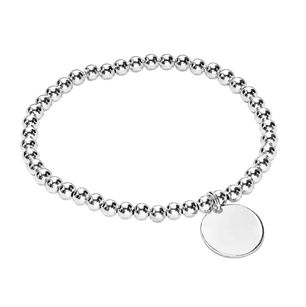 [1450000100PL] Pulsera plata bola 4mm elástica c/placa redonda