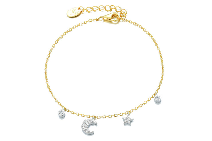 Pulsera plata 925 con charm luna, estrella zirconita