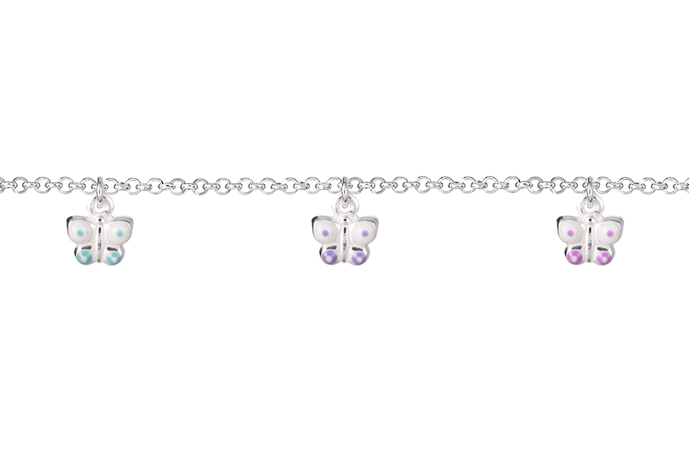 Pulsera plata 925 infantil 3 mariposas 5mm esmalte colgantes