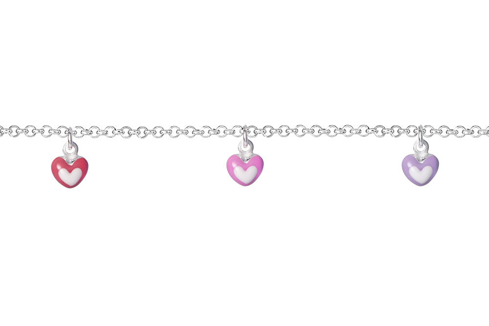 Pulsera plata 925 infantil 3 corazones 4mm colgantes