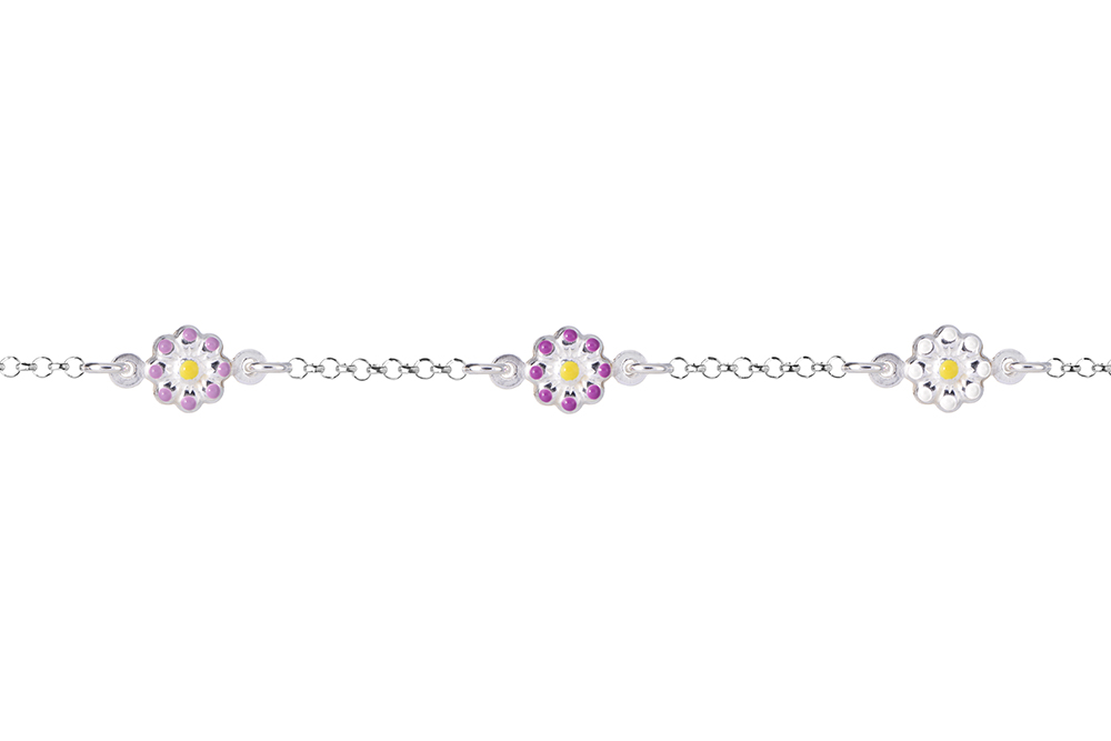 Pulsera plata 925 infantil 3 flores esmalte