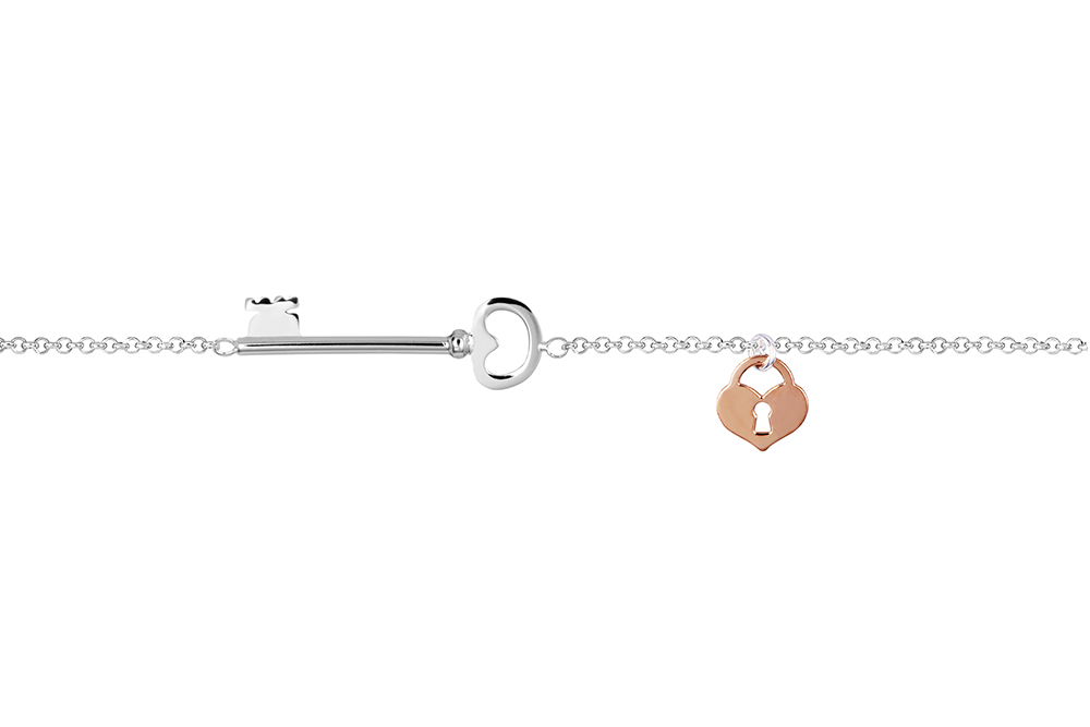 Pulsera plata 925 llave 29x10mm y candado corazón 9x9mm
