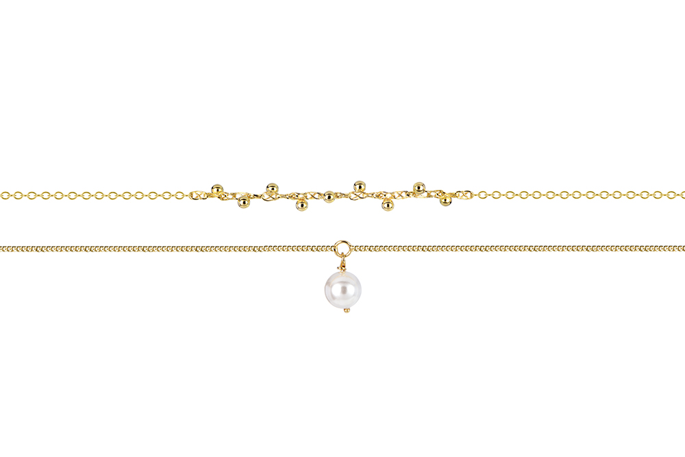 [16892B16E3PBLDO] Pulsera plata 925 doble cadena bolitas y perla 6mm