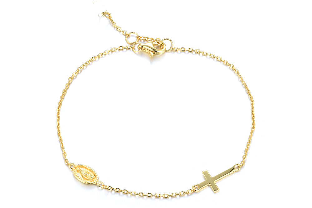 [17153B15E3DO] Terling silver cross & miraculous virgin bracelet