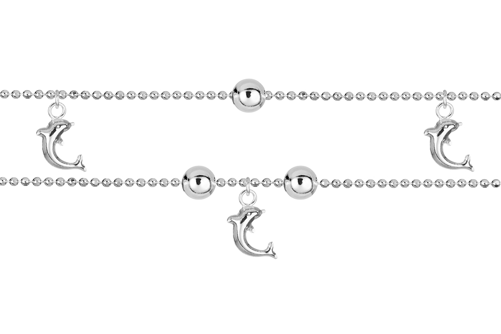 Tobillera plata 925 doble cadena delfines 10x4mm y bolas 4mm