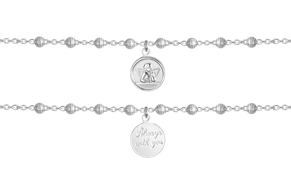 [18138B16E3PL] Sterling silver rosary with 12x10mm little angel and 7x16mm horizontal cross bracelet