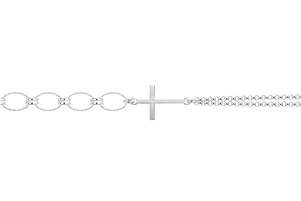 Sterling silver with 10x18mm horizontal cross and mixed chains bracelet