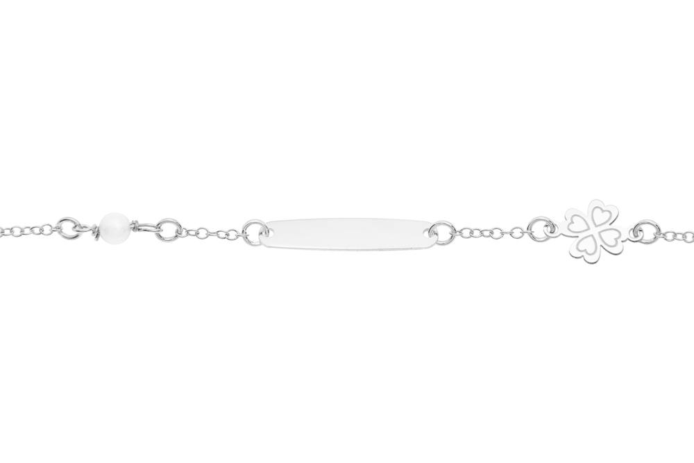 Pulsera plata 925 trebol 4h c/perlas 4mm y placa