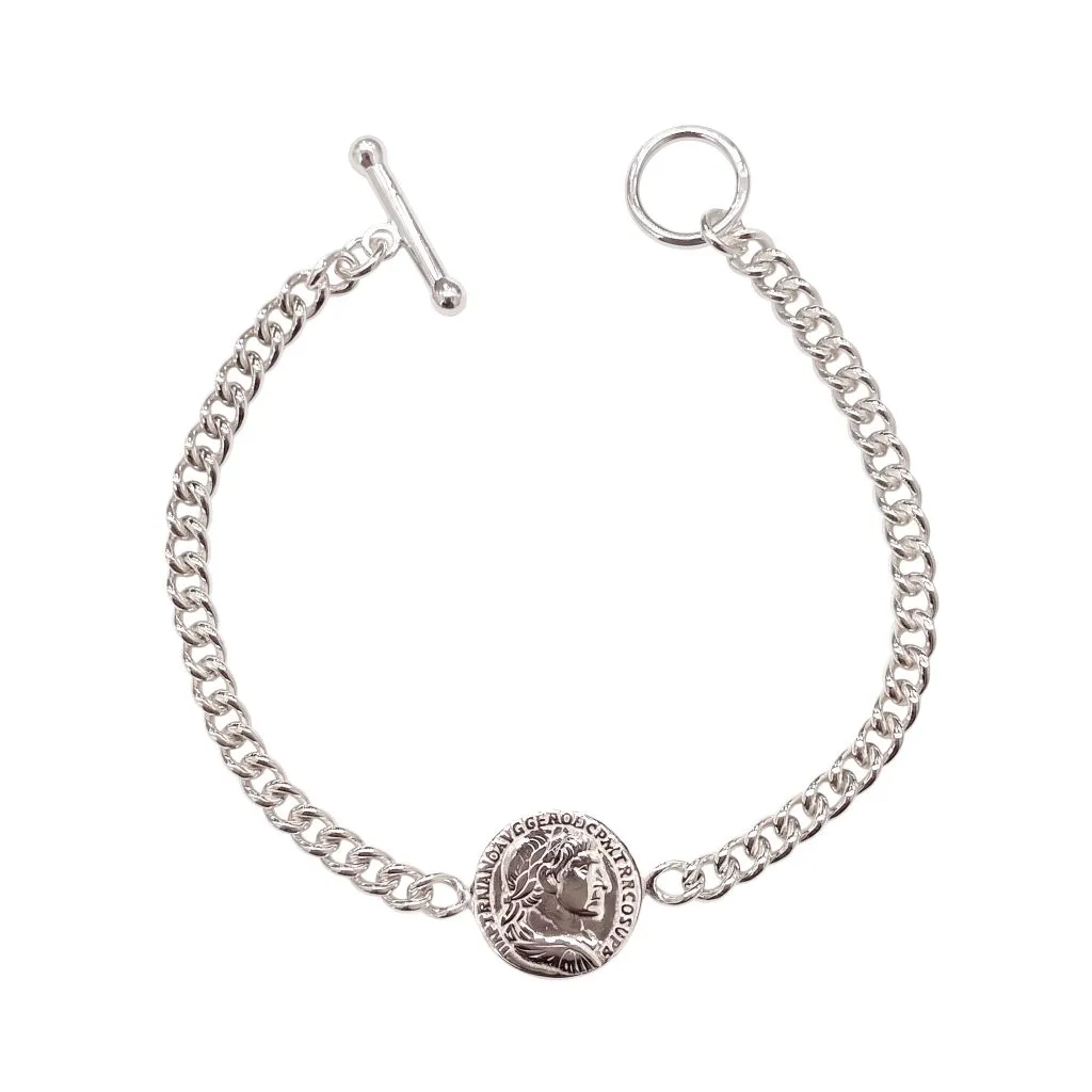 Sterling silver curb link chain bracelet with roman coin 16mm