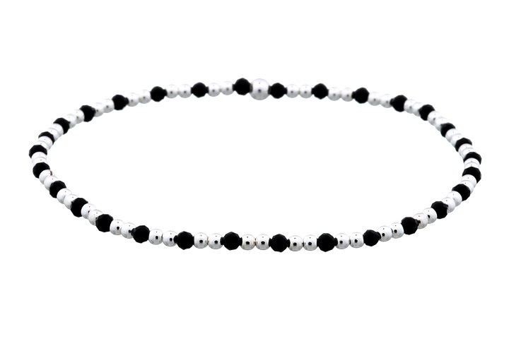 [15547BRONPL] Pulsera plata 925 elástica bolitas intercaladas con piedras semipreciosas (Negro, Plata)